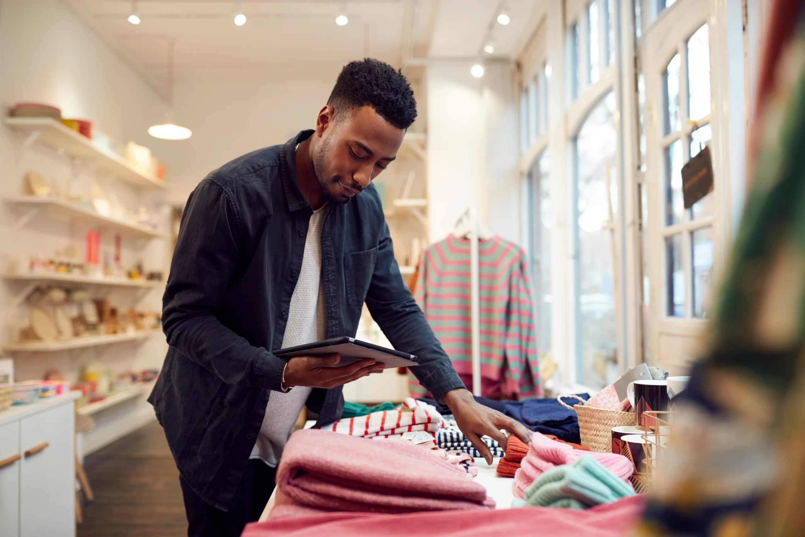 Male small business owner checking inventory