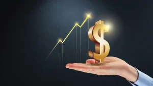Hand with Gold Dollar with Upward graph trend